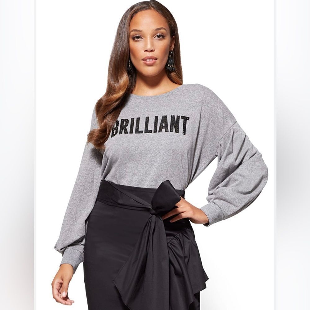 New York & Co heather gray black studded graphic pleated drop sleeve sweatshirt